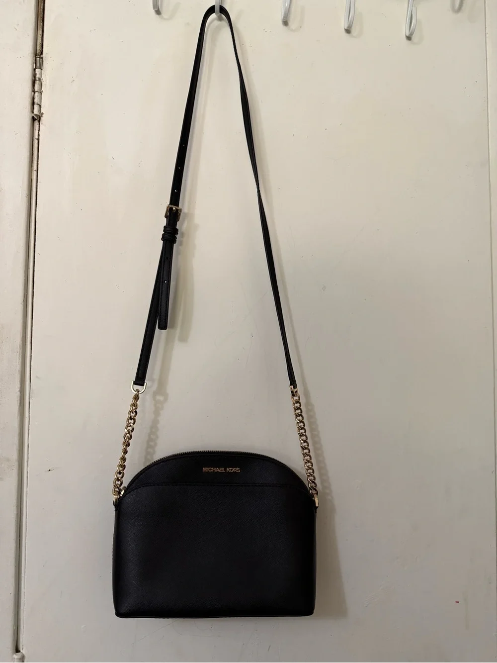 Michael Kors Black Leather Crossbody with Gold Chain Strap